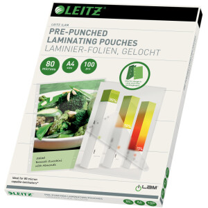 Laminierfolie Leitz iLAM 16918 - 303 x 216 mm f&uuml;r A4 80 &micro;m gl&auml;nzend mit Abheftlochung Ethyl-Venyl-Acetat Pckg/100