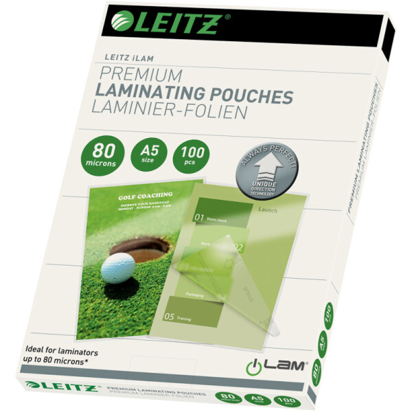 Laminierfolie Leitz iLAM UDT 7492 - 216 x 153 mm f&uuml;r A5 80 &micro;m gl&auml;nzend glasklar Ethyl-Venyl-Acetat Pckg/100