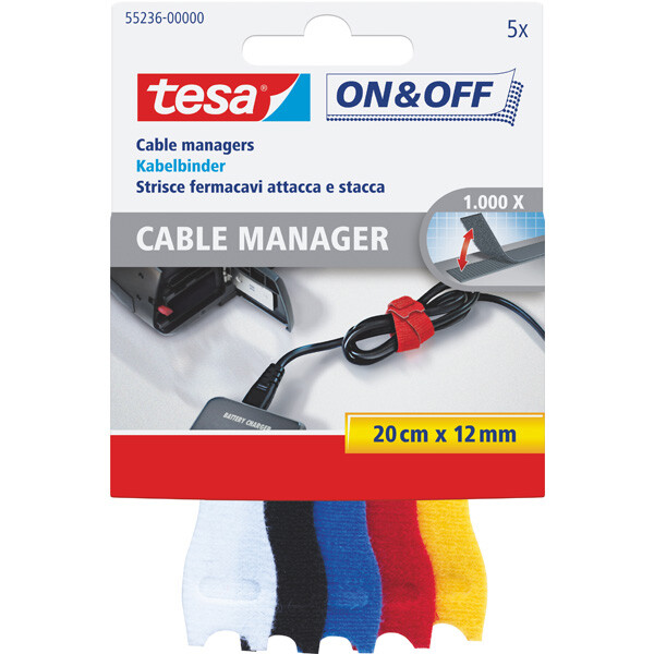 Klettkabelbinder tesa ON &amp; OFF Cable Manager 55236 - 12 mm x 20 cm farbig sortiert f&uuml;r Privat/Endverbraucher-Anwendungen Pckg/5