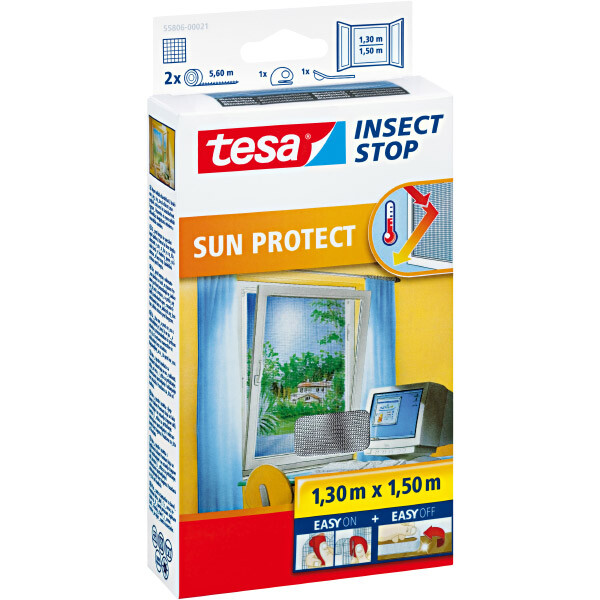 Fliegengitter Fenster tesa Insect Stop Sun Protect 55806 - 130 x 150 cm wei&szlig; Easy-on-System inkl. Andr&uuml;ck- und Schneidehilfe