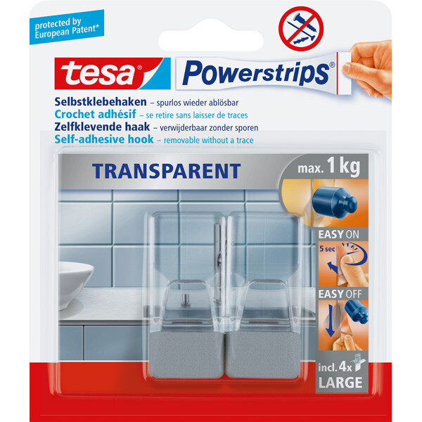 Haken tesa Powerstrips Large 58812 - eckig transparent bis 1 kg für glatte Oberflächen Kunststoff Pckg/2