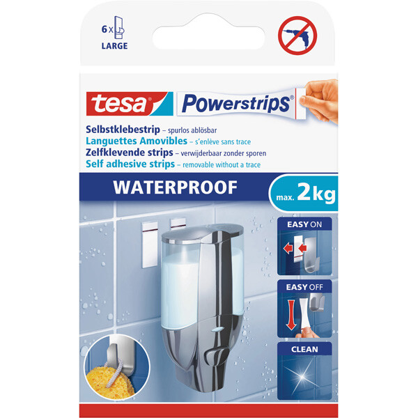 Klebestreifen tesa Powerstrips Waterproof Large 59700 - wei&szlig; bis 2 kg f&uuml;r Badezimmer Pckg/6