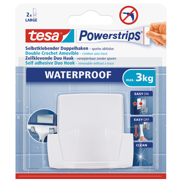 Doppelhaken tesa Powerstrips Waterproof 59704 - wei&szlig; bis 3 kg f&uuml;r Badezimmer wasserfest Kunststoff
