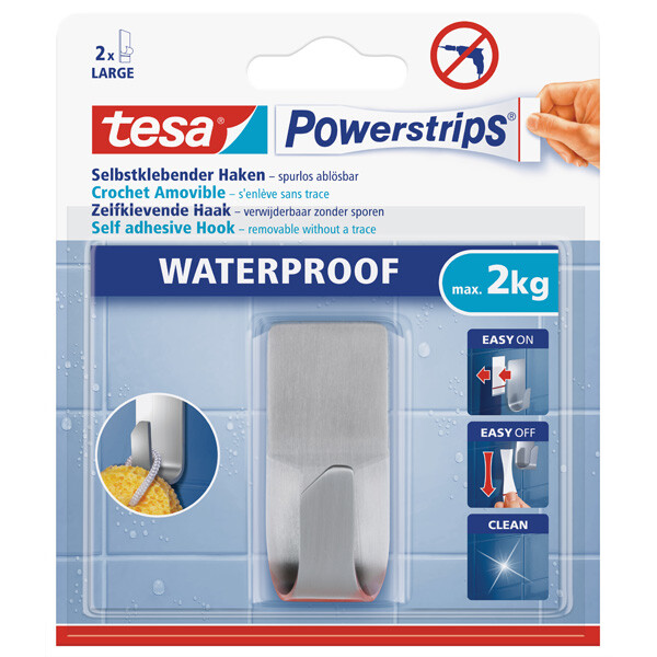 Haken tesa Powerstrips Waterproof 59707 - eckig Edelstahl bis 2 kg f&uuml;r Badezimmer Metall