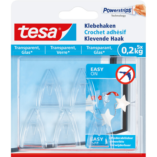 Haken tesa Powerstrips 77734 - eckig transparent bis 0,2 kg für transparente Oberflächen & Glas Kunststoff Pckg/5