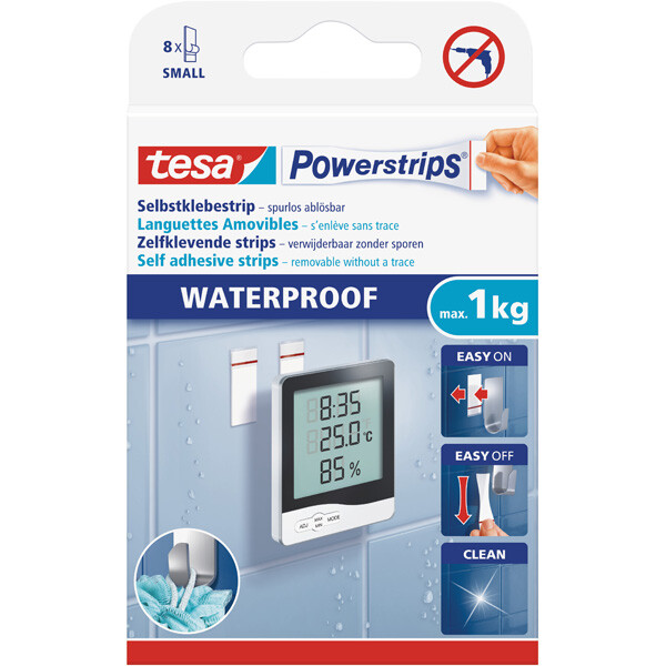 Klebestreifen tesa Powerstrips Waterproof Small 59778 - wei&szlig; bis 1 kg f&uuml;r Badezimmer Pckg/8
