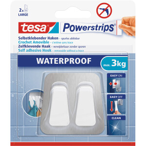 Doppelhaken tesa Powerstrips Waterproof 59785 - silber/weiß bis 3 kg für Badezimmer wasserfest Edelstahl/Kunststoff