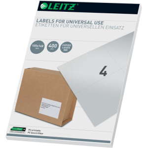 Universaletikett Leitz 6173-00-01 - A4 105 x 148 mm weiß permanent FSC Papier für alle Druckertypen Pckg/400