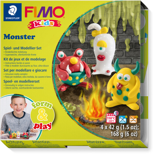 Modelliermasse Staedtler FIMO Kids 803411LY - farbig sortiert Monster normalfarbend ofenhärtend 42 g 4er-Set