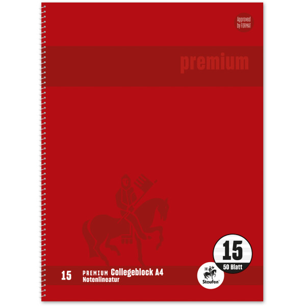 Collegeblock Staufen Premium 734046715 - A4 210 x 297 mm rot Notenlineatur Lineatur15 50 Blatt klimaneutral hochweißes Premiumpapier 90 g/m²