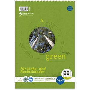 Spiralblock Staufen green paper Links/Rechtsh&auml;nder 608565028 - A4 210 x 297 mm gr&uuml;n kariert Lineatur28 5 x 5 mm mit Doppelrand 80 Blatt Blauer Engel Recyclingpapier 70 g/m&sup2;