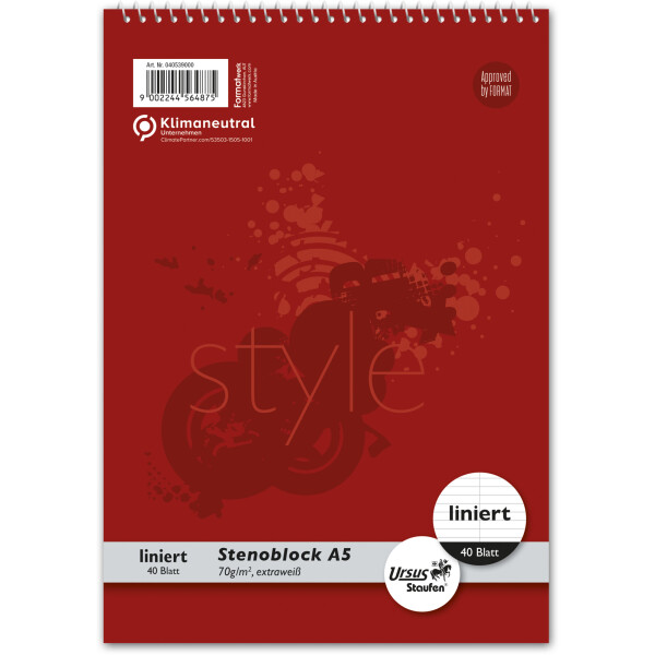 Spiralblock Staufen Style 040539000 - A5 148 x 210 mm rot liniert 40 Blatt klimaneutral extraweißes Qualitätspapier 70 g/m²