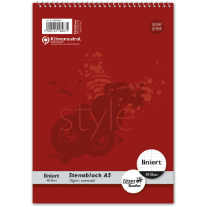 Spiralblock Staufen Style 040539000 - A5 148 x 210 mm rot liniert 40 Blatt klimaneutral extrawei&szlig;es Qualit&auml;tspapier 70 g/m&sup2;