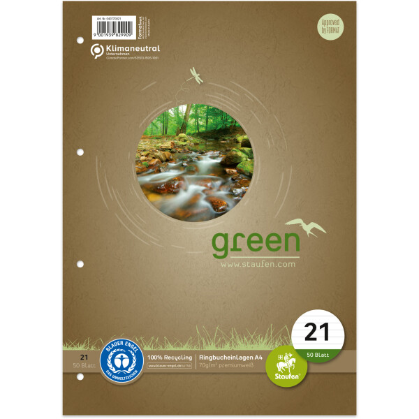 Ringbucheinlage Staufen Green 040770021 - A4 21 x 29,7 cm Lineatur21 mit Schreiblinie liniert 4-fach Lochung Recyclingpapier 70 g/m² 50 Blatt