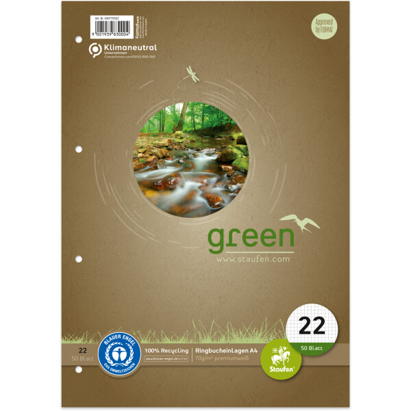 Ringbucheinlage Staufen Green 040770022 - A4 21 x 29,7 cm Lineatur22 5 x 5 mm kariert 4-fach Lochung Recyclingpapier 70 g/m² 50 Blatt