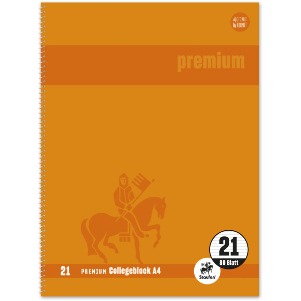 Collegeblock Staufen Premium 734451377 - A4 210 x 297 mm orange liniert Lineatur21 mit Schreiblinie 80 Blatt klimaneutral hochweißes Premiumpapier 90 g/m²