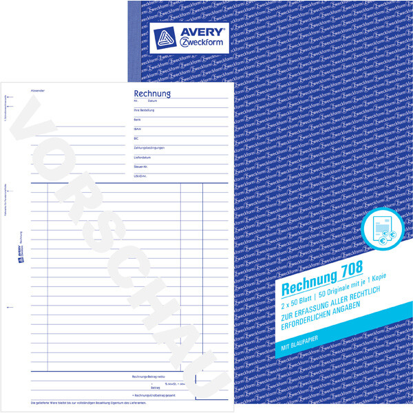 Rechnungsbuch Avery Zweckform 708 - A4 210 x 297 mm weiß/gelb 2 x 50 Blatt mit Blaupapier