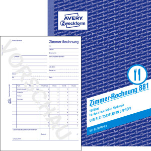 Zimmerrechnung Avery Zweckform Gastrobedarf 881 - A5 149 x 210 mm wei&szlig; 50 Blatt mit Blaupapier
