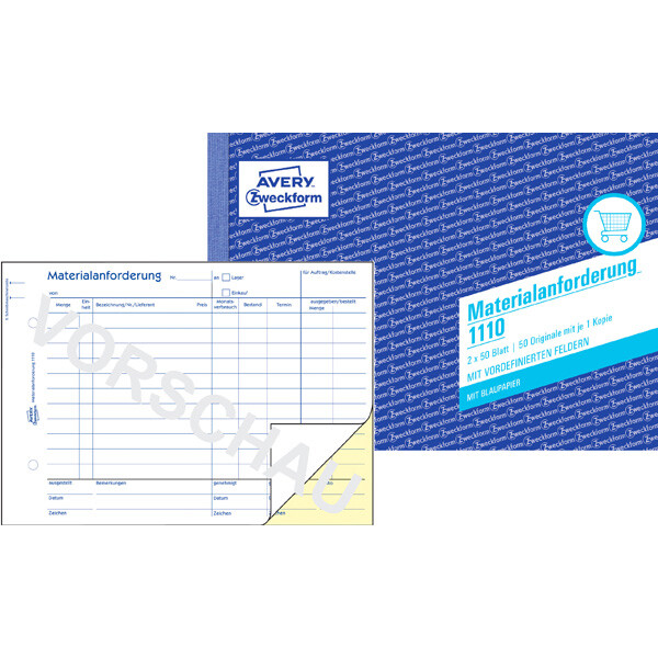 Materialanforderung Avery Zweckform 1110 - A5 Quer 210 x 149 mm weiß/gelb 2 x 50 Blatt mit Blaupapier