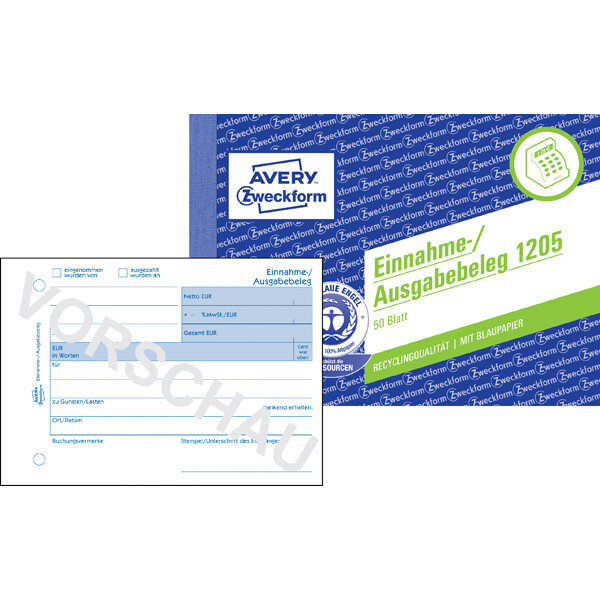 Einnahme-/Ausgabebeleg Avery Zweckform Recycling 1205 - A6 Quer 149 x 105 mm weiß 50 Blatt mit Blaupapier