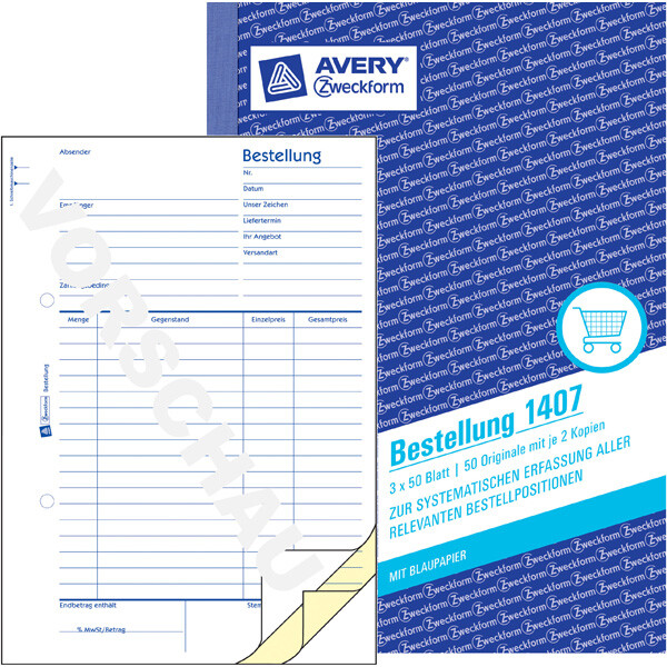 Bestellung Avery Zweckform 1407 - A5 149 x 210 mm weiß/gelb 3 x 50 Blatt mit Blaupapier
