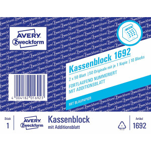 Kassenblock Avery Zweckform 1692 - A6 105 x 149 mm wei&szlig; 2 x 50 Blatt mit Blaupapier Pckg/10 Bl&ouml;cke