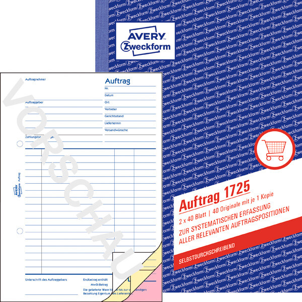 Auftragsbuch Avery Zweckform 1725 - A5 149 x 210 mm weiß/gelb 2 x 40 Blatt selbstdurchschreibend
