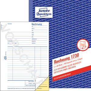Rechnungsbuch Avery Zweckform 1730 - A5 149 x 210 mm weiß/gelb 2 x 40 Blatt selbstdurchschreibend