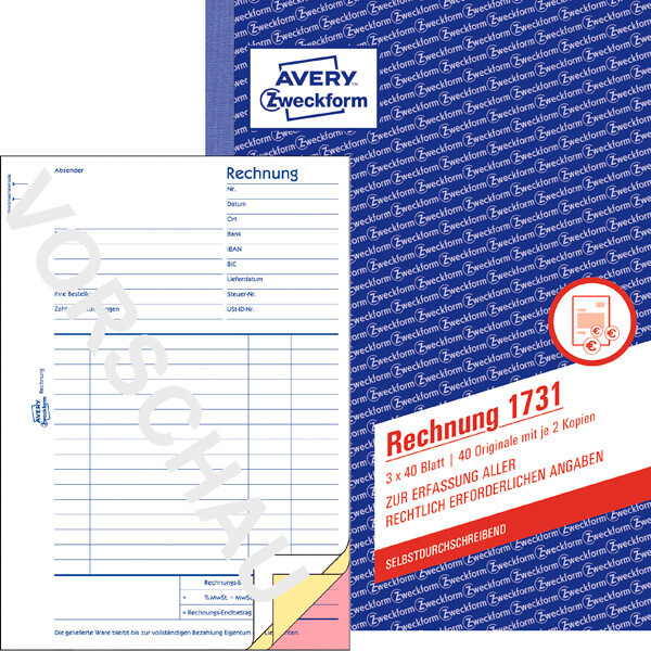 Rechnungsbuch Avery Zweckform 1731 - A5 149 x 210 mm weiß/gelb/rosa 3 x 40 Blatt selbstdurchschreibend