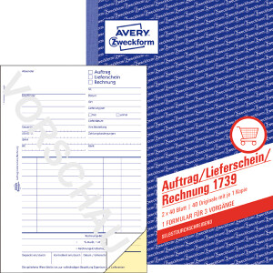 Auftrags/Lieferschein/Rechnungsbuch Avery Zweckform 1739 - A5 149 x 210 mm wei&szlig;/gelb 2 x 40 Blatt selbstdurchschreibend