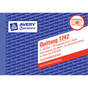 Quittung Avery Zweckform 1742 - A6 Quer 149 x 105 mm weiß/gelb 2 x 40 Blatt selbstdurchschreibend