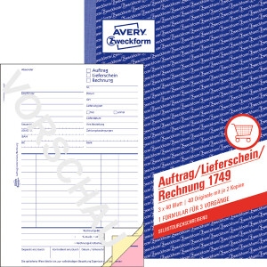 Auftrags/Lieferschein/Rechnungsbuch Avery Zweckform 1749 - A5 149 x 210 mm wei&szlig;/gelb/rosa 3 x 40 Blatt selbstdurchschreibend
