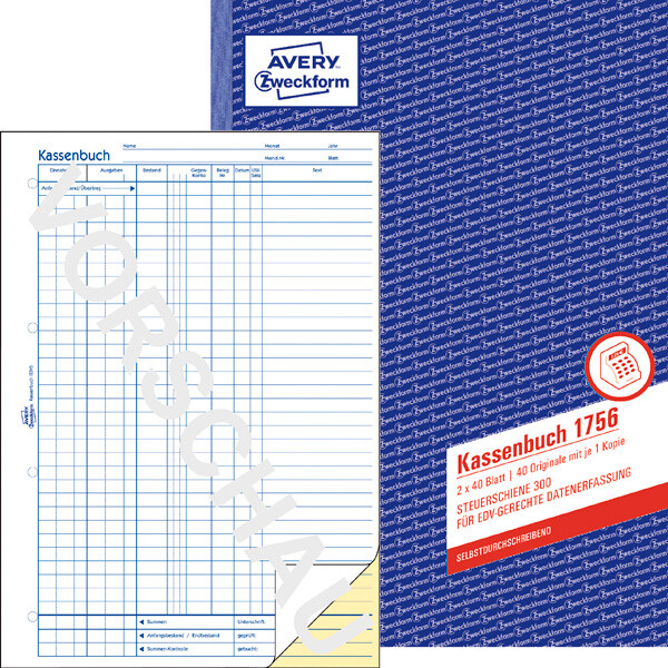 Kassenbuch Avery Zweckform 1756 - A4 210 x 297 mm weiß 2 x 40 Blatt selbstdurchschreibend