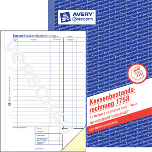 Kassenbestandsrechnung Avery Zweckform 1758 - A5 149 x 210 mm wei&szlig;/gelb 2 x 40 Blatt selbstdurchschreibend