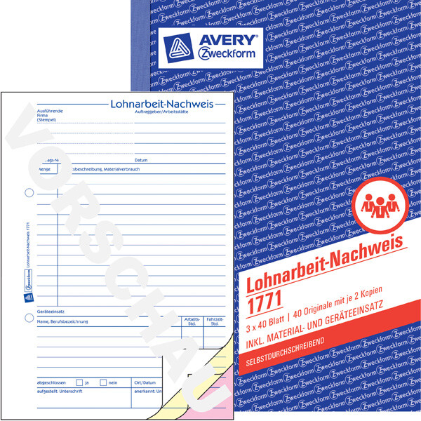 Lohnarbeitsnachweis Avery Zweckform 1771 - A5 149 x 210 mm weiß/gelb/rosa 3 x 40 Blatt selbstdurchschreibend