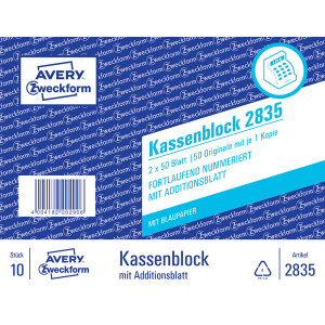 Kassenblock Avery Zweckform 2835 - 100 x 160 mm wei&szlig; 2 x 50 Blatt mit Blaupapier