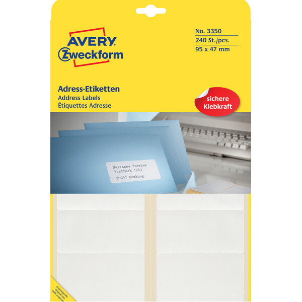 Adressetikett Avery Zweckform 3350 - auf Bogen 95 x 47 mm weiß permanent längsperforiert Papier für Handbeschriftung/Schreibmaschine Pckg/240
