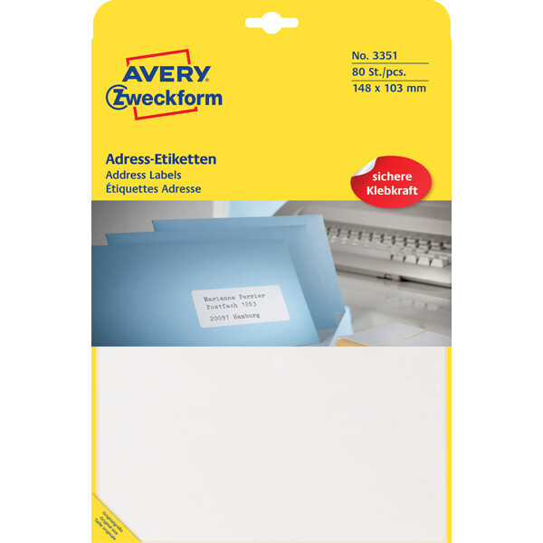 Adressetikett Avery Zweckform 3351 - auf Bogen 148 x 103 mm weiß permanent längsperforiert Papier für Handbeschriftung/Schreibmaschine Pckg/80