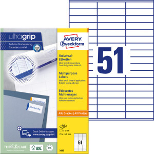 Universaletikett Avery Zweckform 3420 - A4 70 x 16,9 mm weiß permanent ultragrip FSC Papier für alle Druckertypen Pckg/5100