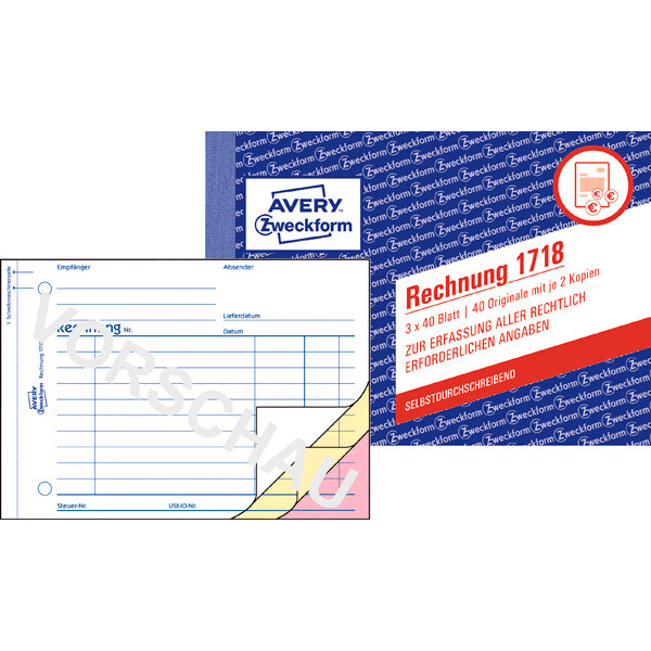 Rechnungsbuch Avery Zweckform 1718 - A6 Quer 149 x 105 mm weiß/gelb/rosa 3 x 40 Blatt selbstdurchschreibend für Österreich