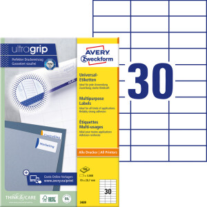 Universaletikett Avery Zweckform 3489 - A4 70 x 29,7 mm weiß permanent ultragrip FSC Papier für alle Druckertypen Pckg/3000