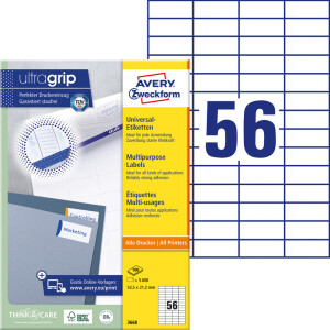 Universaletikett Avery Zweckform 3668 - A4 52,5 x 21,2 mm weiß permanent ultragrip FSC Papier für alle Druckertypen Pckg/5600