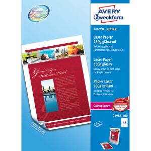 Fotopapier Avery Zweckform Superior Laser 25983-100 - A3 297 x 420 mm hochweiß für Laserdrucker L/CL glänzend beidseitig 150 g/m² Pckg/100