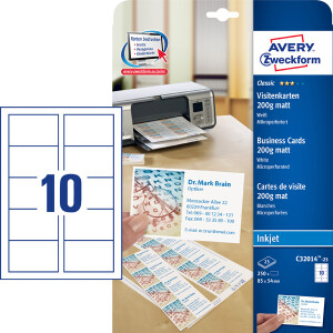 Visitenkarten Avery Zweckform Classickarton C32014-25 - 85 x 54 mm wei&szlig; f&uuml;r Inkjetdrucker matt microperforiert 200 g/m&sup2; Pckg/250