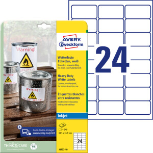 Folienetikett Avery Zweckform J4773-10 - A4 63,5 x 33,9 mm weiß permanent matt wetterfest Polyesterfolie für Inkjetdrucker Pckg/240