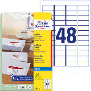 Adressetikett Avery Zweckform J4791-25 - A4 45,7 x 21,2 mm weiß permanent spezialbeschichtet Papier für Inkjetdrucker Pckg/1200