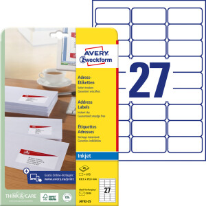 Adressetikett Avery Zweckform J4792-25 - A4 63,5 x 29,6 mm weiß permanent spezialbeschichtet Papier für Inkjetdrucker Pckg/675