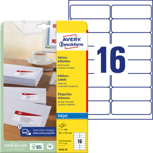 Adressetikett Avery Zweckform J8162-25 - A4 99,1 x 33,9 mm weiß permanent spezialbeschichtet Papier für Inkjetdrucker Pckg/400