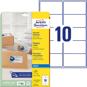 Versandetikett Avery Zweckform J8173-25 - A4 99,1 x 57 mm weiß permanent spezialbeschichtet Papier für Inkjetdrucker Pckg/250