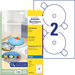 CD Etikett Avery Zweckform J8676-25 - A4 SuperSize Ø 117 mm weiß permanent matt Spezialpapier für Inkjetdrucker Pckg/50